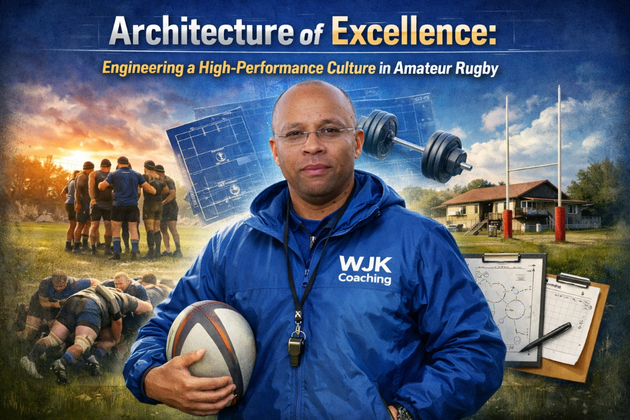 Portrait of a rugby coach wearing a blue WJK Coaching jacket and glasses, holding a rugby ball, with amateur rugby scenes and tactical diagrams in the background representing high performance culture.