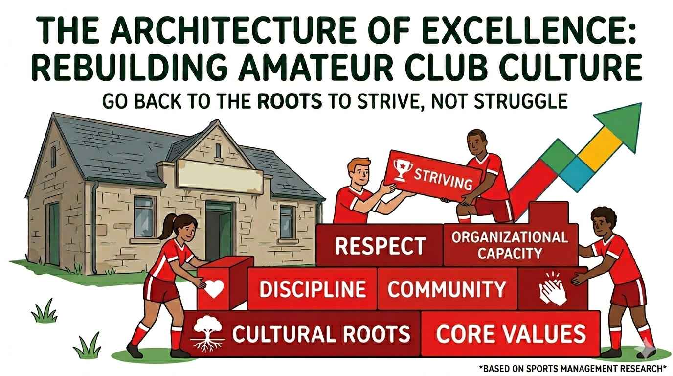 An illustration titled "THE ARCHITECTURE OF EXCELLENCE: REBUILDING AMATEUR CLUB CULTURE" depicts a diverse team of four rugby players in red kits collaborating to construct a high-performance organization. The central focus is a stack of large, red, geometric blocks representing key cultural elements. At the base, a block with a tree root icon reads "CULTURAL ROOTS," beside a block for "CORE VALUES." Above them are blocks for "DISCIPLINE," "COMMUNITY," and "RESPECT." Two players at the top add the highest block, which features a trophy icon and reads "STRIVING," positioned directly in front of a colourful ascending growth arrow (green, red, yellow, and blue segments) pointing towards the upper right, symbolizing success. An athlete on the left adds a block with a heart icon to the "COMMUNITY" level, and an athlete on the right adds a final block to the lower level. A subtitlestates, "GO BACK TO THE ROOTS TO STRIVE, NOT STRUGGLE." The entire graphic uses clean vector lines and an inspirational, cooperative composition. The asterisk text at the bottom right corner notes: "BASED ON SPORTS MANAGEMENT RESEARCH".